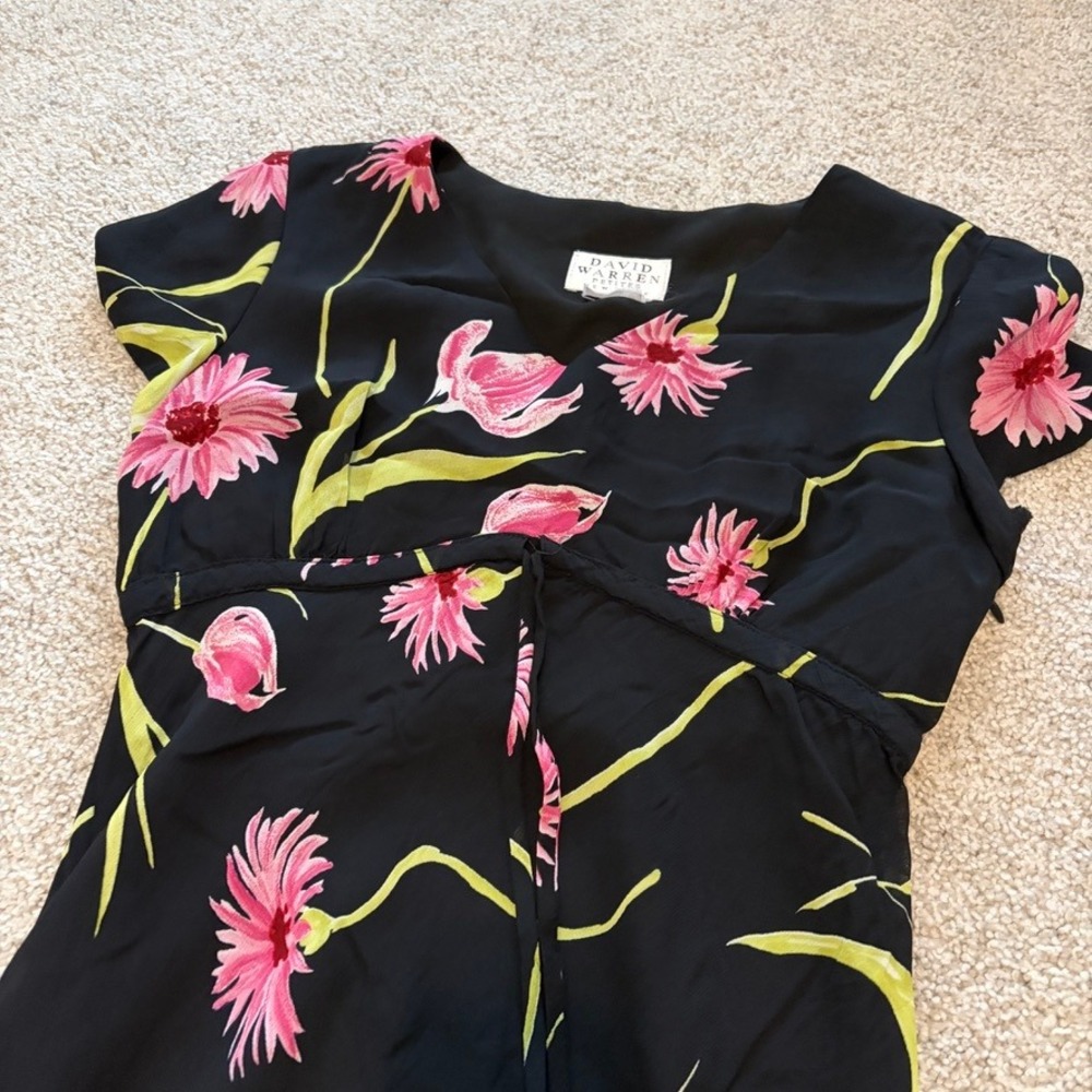 Vintage David Warren Petites Y2K 90s Dress Womens S Black Pink Floral Empire - Picture 2 of 8